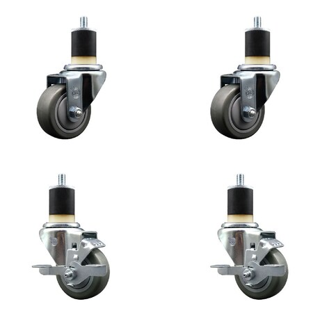 Service Caster 3'' Gray Poly Wheel Swivel 1-7/8'' Expanding Stem Caster Set 2 Brakes, 4PK SCC-EX20S314-PPUB-2-TLB-2-178